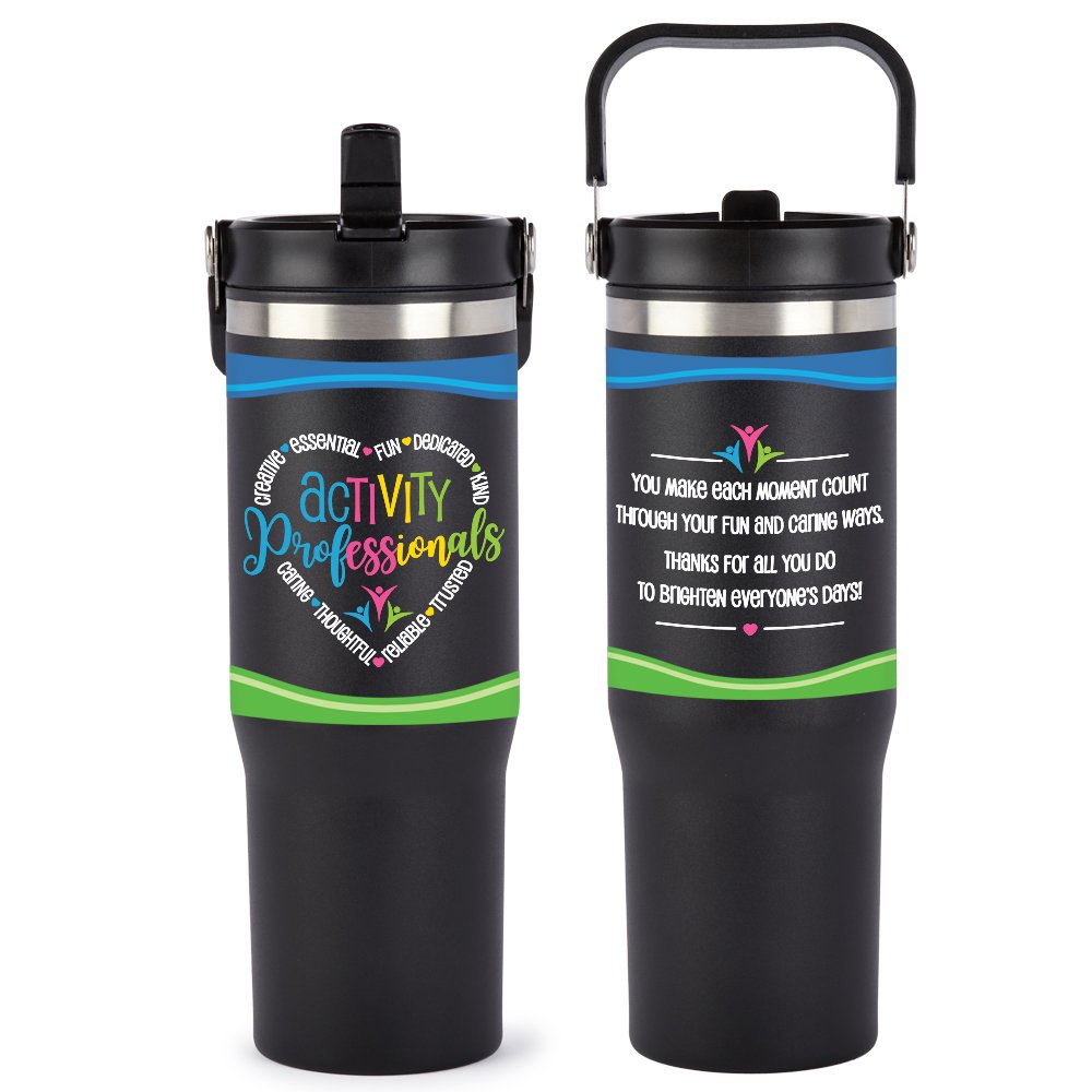 Activity Professionals Word Heart Coldflow Double-Wall Flip-Straw Bottle 30 oz. With Carry Handle