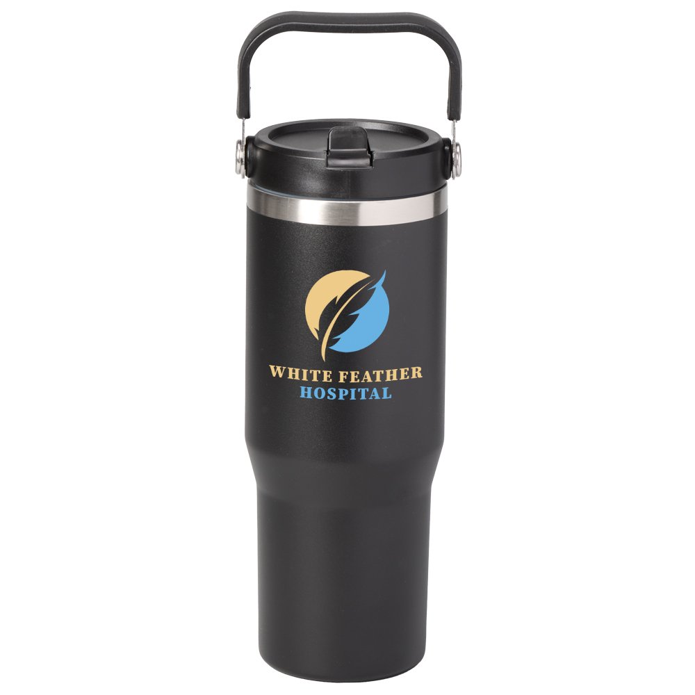 Black Deluxe Coldflow Double-Wall Stainless-Steel Vacuum Bottle 30 oz. With Flip Straw & Carry Handle - Personalization Available