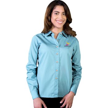 Blue Generation&reg; Superblend Women's Stain-Release Poplin Woven Long-Sleeve Shirt - Embroidered Personalization Available from Positive Promotions