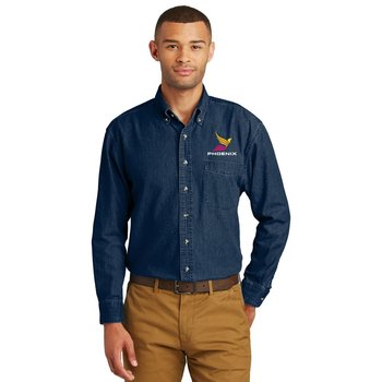 Port & Company® Men's Long-Sleeved Denim Button-Down Shirt - Embroidered Personalization Available from Positive Promotions