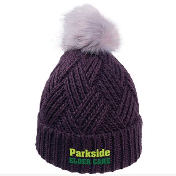 Cross Hatch Beanie With Faux Fur Pom - Embroidered Personalization Available from Positive Promotions