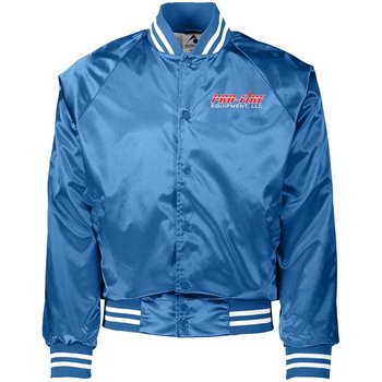 Luxe Satin Baseball Jacket With Striped Trim - Embroidered Personalization Available from Positive Promotions