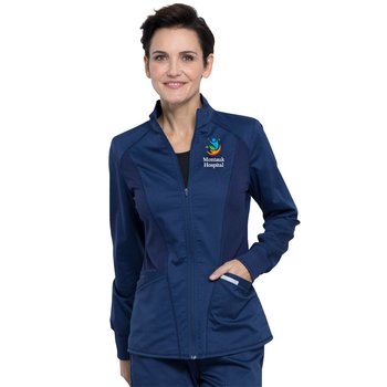 Cherokee® Women's Workwear Revolution Zip-Front High-Low Scrub Jacket - Embroidered Personalization Available from Positive Promotions