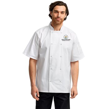 Artisan Collection by Reprime Unisex Studded Front Short-Sleeve Chef's Jacket - Embroidered Personalization Available from Positive Promotions