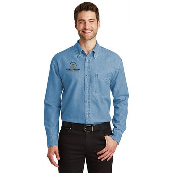 Port Authority® Unisex Long-Sleeve Denim Button Down Shirt - Embroidered Personalization Available from Positive Promotions
