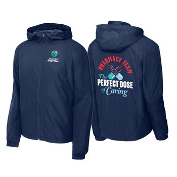 Pharmacy Unisex Lightweight Protect Hooded Raglan Full-Zip Rain Jacket - Embroidered Personalization Available from Positive Promotions