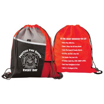 Practice Fire Safety Every Day Drawstring Backpack with Fire Safety Tips from Positive Promotions