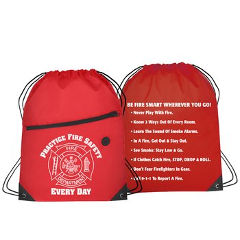 Practice Fire Safety Every Day Drawstring Backpack with Fire Safety Tips from Positive Promotions