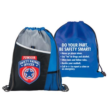 Junior Safety Patrol Officer 2-Sided Drawstring Backpack With Safety Tips from Positive Promotions