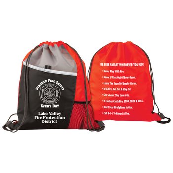 Practice Fire Safety Every Day Red Drawstring Backpack With Fire Safety Tips - Personalization Available from Positive Promotions