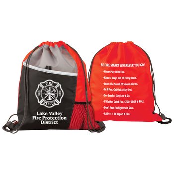 Maltese Cross Red Drawstring Backpack With Fire-Safety Tips - Personalization Available from Positive Promotions