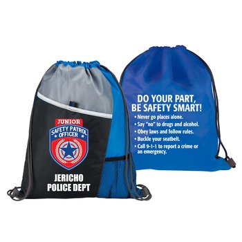 Junior Safety Patrol Officer 2-Sided Drawstring Backpack With Safety Tips - Personalization Available from Positive Promotions