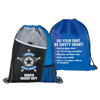 Junior Deputy Sheriff 2-Sided Drawstring Backpack With Safety Tips - Personalization Available from Positive Promotions