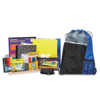 Blue Drawstring Cinch Top Backpack With Deluxe Back-to-School Supply Kit: Grades K-2 - Personalization Available from Positive Promotions
