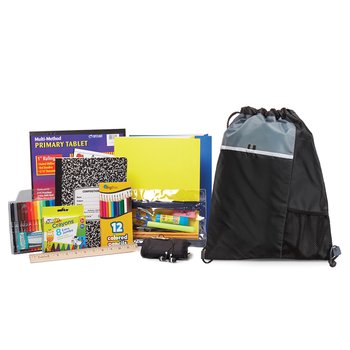 Black Drawstring Cinch Top Backpack With Deluxe Back-to-School Supply Kit: Grades K-2 - Personalization Available from Positive Promotions