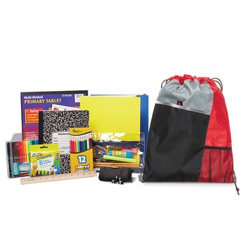 Red Drawstring Cinch Top Backpack With Deluxe Back-to-School Supply Kit: Grades K-2 - Personalization Available from Positive Promotions