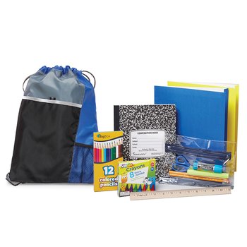 Blue Drawstring Cinch Top Backpack With Budget Back-to-School Supply Kit: Grades K-2 - Personalization Available from Positive Promotions