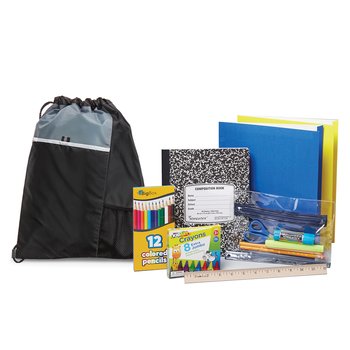 Black Drawstring Cinch Top Backpack With Budget Back-to-School Supply Kit: Grades K-2 - Personalization Available from Positive Promotions