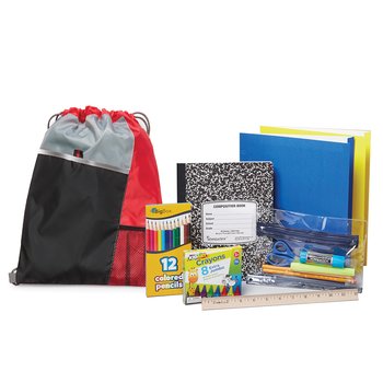 Red Drawstring Cinch Top Backpack With Budget Back-to-School Supply Kit: Grades K-2 - Personalization Available from Positive Promotions