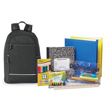Black Belmont Reflective Backpack With Budget Back-to-School Supply Kit: Grades K-2 - Personalization Available from Positive Promotions