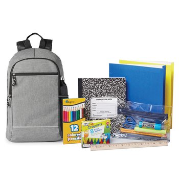 Gray Belmont Reflective Backpack With Budget Back-to-School Supply Kit: Grades K-2 - Personalization Available from Positive Promotions