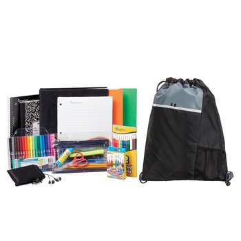 Black Drawstring Cinch Top Backpack With Deluxe Back-to-School Supply Kit: Grades 3-5 - Personalization Available from Positive Promotions