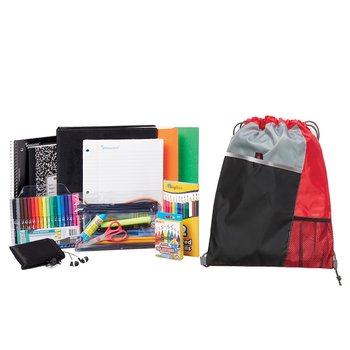Red Drawstring Cinch Top Backpack With Deluxe Back-to-School Supply Kit: Grades 3-5 - Personalization Available from Positive Promotions