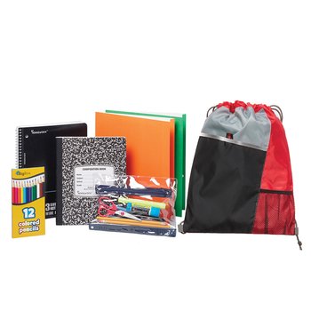 Red Drawstring Cinch Top Backpack With Budget Back-to-School Supply Kit: Grades 3-5 - Personalization Available from Positive Promotions