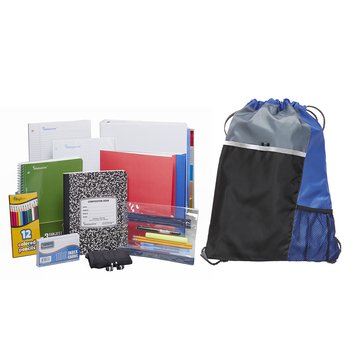 Blue Drawstring Cinch Top Backpack With Deluxe Back-to-School Supply Kit: Grades 6-8 - Personalization Available from Positive Promotions