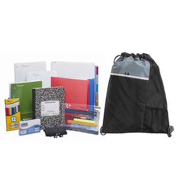 Black Drawstring Cinch Top Backpack With Deluxe Back-to-School Supply Kit: Grades 6-8 - Personalization Available from Positive Promotions