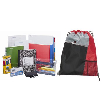 Red Drawstring Cinch Top Backpack With Deluxe Back-to-School Supply Kit: Grades 6-8 - Personalization Available from Positive Promotions