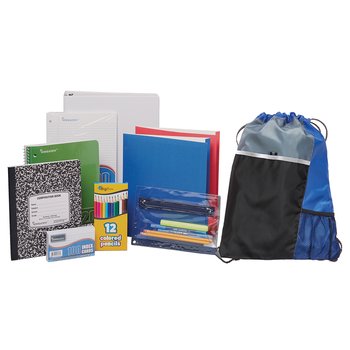 Blue Drawstring Cinch Top Backpack With Budget Back-to-School Supply Kit: Grades 6-8 - Personalization Available from Positive Promotions