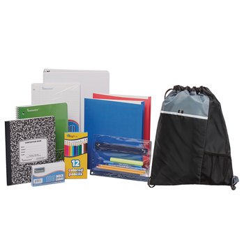 Black Drawstring Cinch Top Backpack With Budget Back-to-School Supply Kit: Grades 6-8 - Personalization Available from Positive Promotions