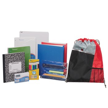 Red Drawstring Cinch Top Backpack With Budget Back-to-School Supply Kit: Grades 6-8 - Personalization Available from Positive Promotions