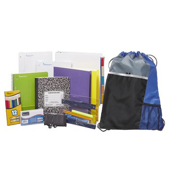 Blue Drawstring Cinch Top Backpack With Deluxe Back-to-School Supply Kit: Grades 9-12 - Personalization Available from Positive Promotions