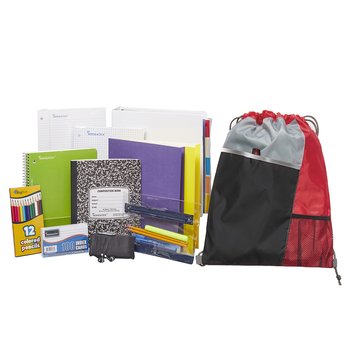Red Drawstring Cinch Top Backpack With Deluxe Back-to-School Supply Kit: Grades 9-12 - Personalization Available from Positive Promotions