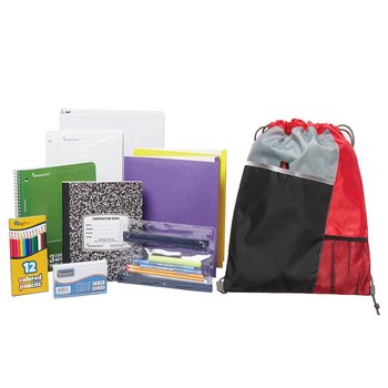 Red Drawstring Cinch Top Backpack With Budget Back-to-School Supply Kit: Grades 9-12 - Personalization Available from Positive Promotions