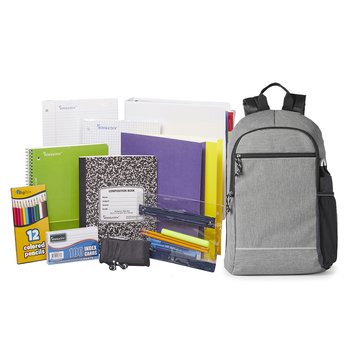 Gray Belmont Reflective Backpack With Deluxe Back-to-School Supply Kit: Grades 9-12 - Personalization Available from Positive Promotions