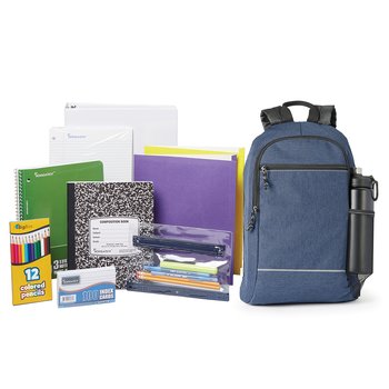 Blue Belmont Reflective Backpack With Budget Back-to-School Supply Kit: Grades 9-12 - Personalization Available from Positive Promotions