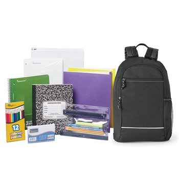 Black Belmont Reflective Backpack With Budget Back-to-School Supply Kit: Grades 9-12 - Personalization Available from Positive Promotions