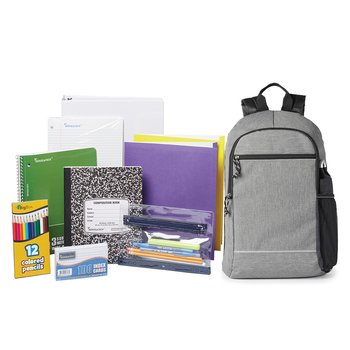 Gray Belmont Reflective Backpack With Budget Back-to-School Supply Kit: Grades 9-12 - Personalization Available from Positive Promotions