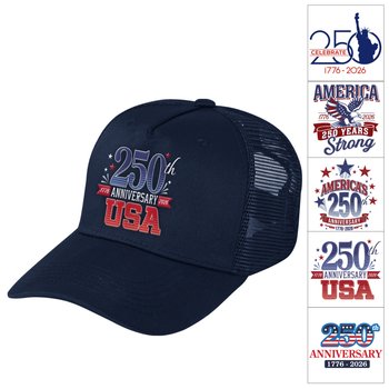 USA 250th Anniversary Positive Wear Navy Trucker Cap - Embroidered Personalization Available from Positive Promotions