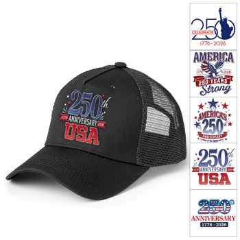 USA 250th Anniversary Positive Wear Black Trucker Cap - Embroidered Personalization Available from Positive Promotions