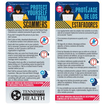 Protect Yourself From Scammers (English/Spanish) 2-Sided Glancer - One-Color Personalization Available from Positive Promotions