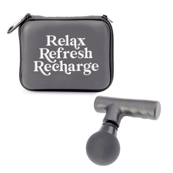 Relax, Refresh, Recharge Portable Mini Massage Gun With Carabiner Carry Case from Positive Promotions