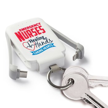 Emergency Nurses: Healing Hands, Caring Hearts 3-in-1 2,000-mAh Mini Power Bank With LED Light & Keychain Ring from Positive Promotions