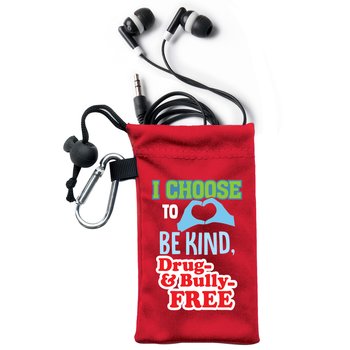 I Choose to Be Kind, Drug & Bully Free Earbuds in Microfiber Pouch from Positive Promotions