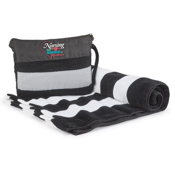 Nursing: The Heartbeat of Healthcare Terry Velour Striped Beach Towel in Mesh Carry Bag from Positive Promotions