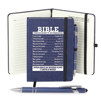 Bible Emergency Numbers Heathered Journal W/Quotes & Stylus Pen from Positive Promotions