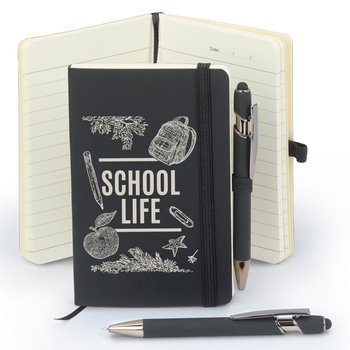 School Life Mini Pocket Journal With Mini Metal Stylus Pen from Positive Promotions